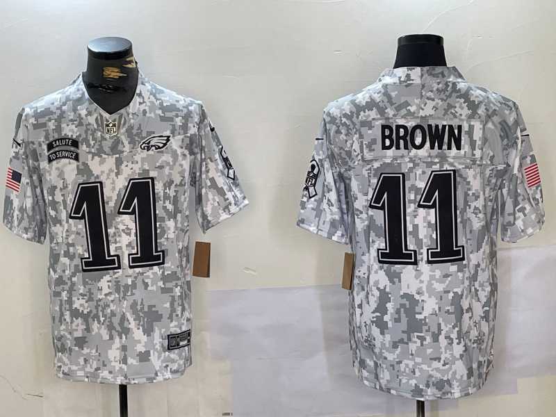 Mens Philadelphia Eagles #11 AJ Brown Arctic Camo 2024 FUSE Salute to Service Limited Stitched Jersey Dzhi